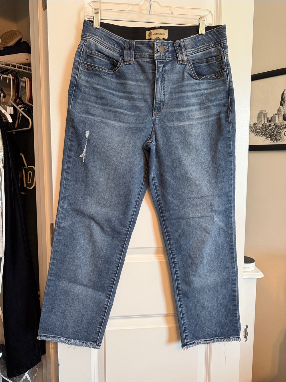 Democracy Medium Blue Cropped Raw-Hem Jeans